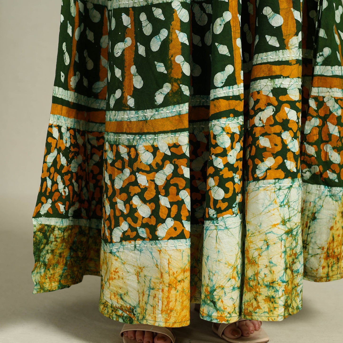 Green Hand Batik Print Running Stitch Cotton Long Skirt
