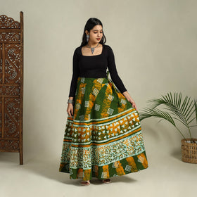 Green Hand Batik Print Running Stitch Cotton Long Skirt