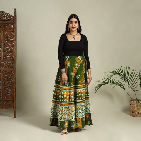 Green Hand Batik Print Running Stitch Cotton Long Skirt