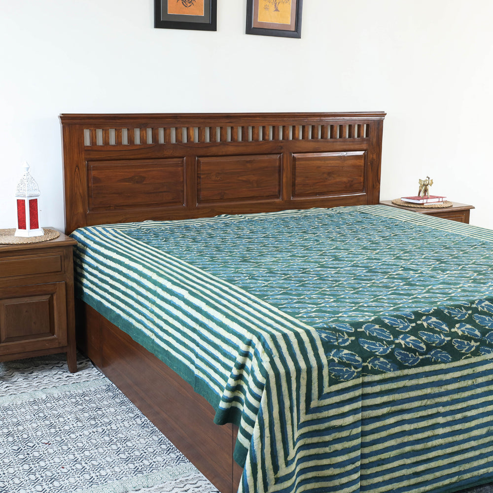 Green - Block Art Print Cotton Double Bindaas Bed Sheet (110 x 93 in)