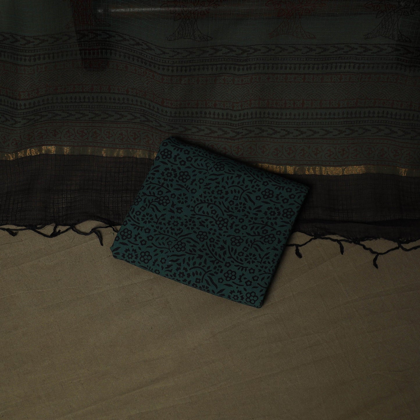 Hand block bagh print natural dyed kota doria cotton 3pc