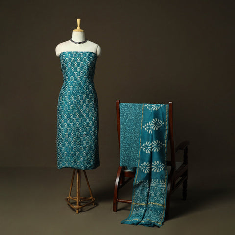 Hand block batik print chanderi silk 3pc unstitched dress