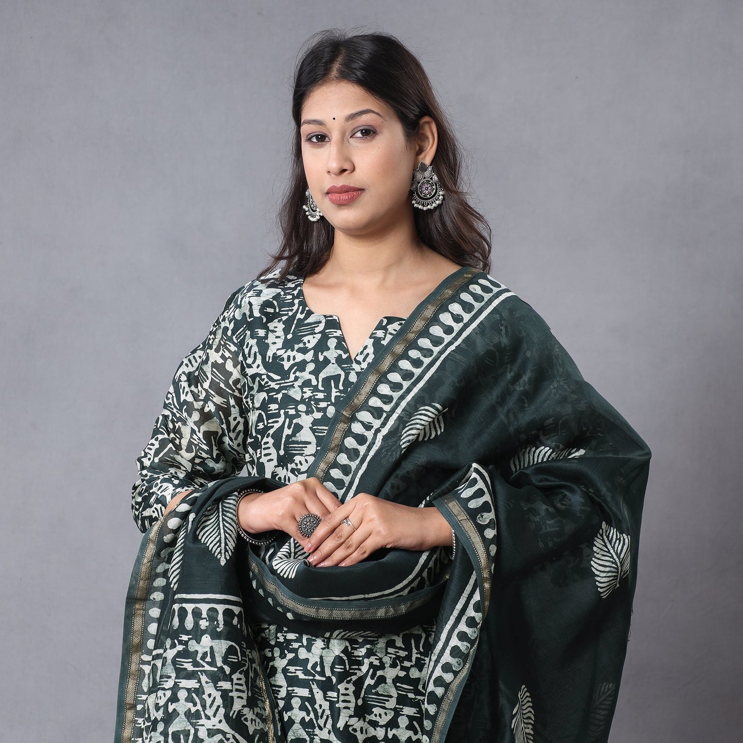 Green - Hand Batik Printing Chanderi Silk Kurta Suit Sets