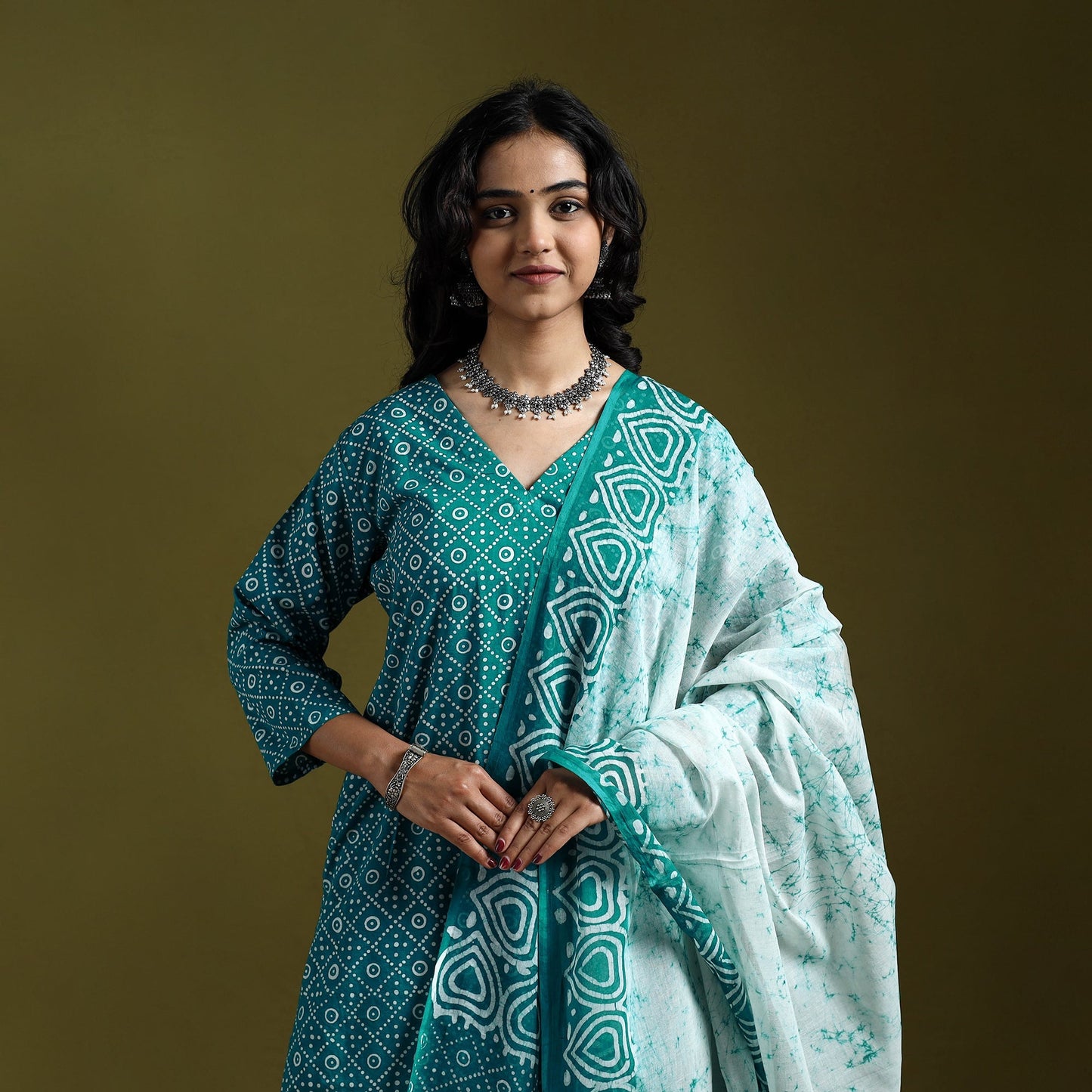 Hand block batik print cotton suit set with dupatta