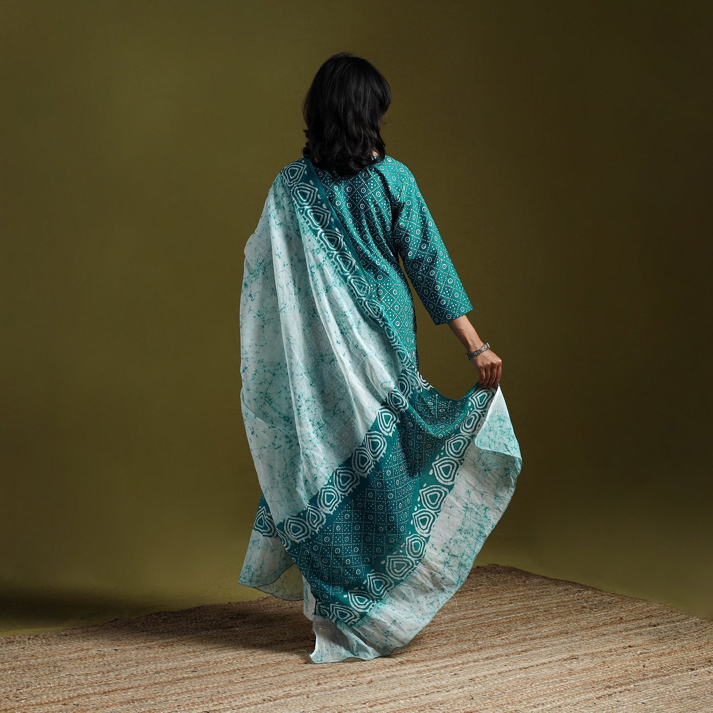Hand block batik print cotton suit set with dupatta