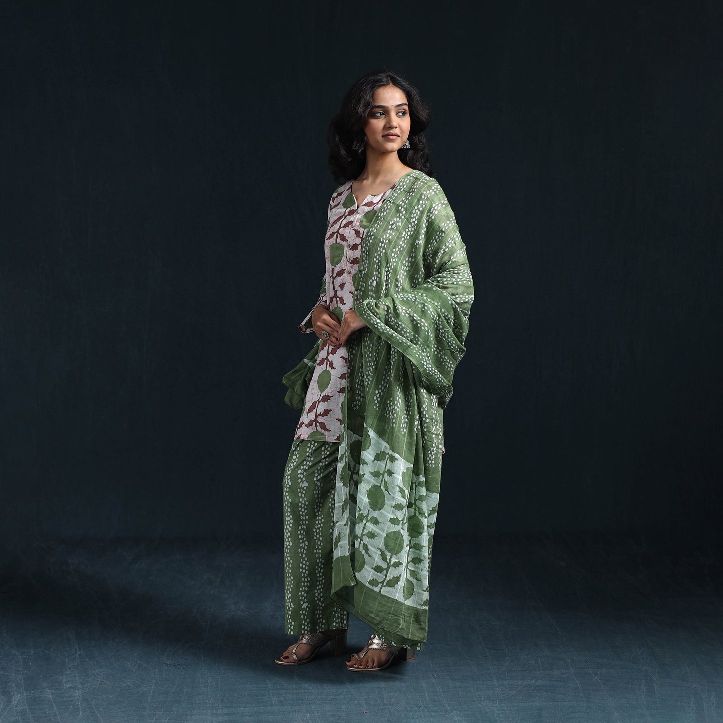 Hand batik cotton suit set with dupatta for women 06