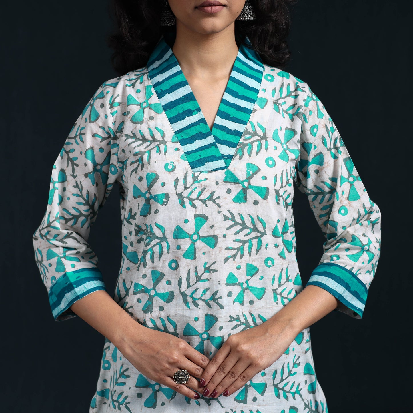 Hand batik cotton suit set with dupatta for women 08