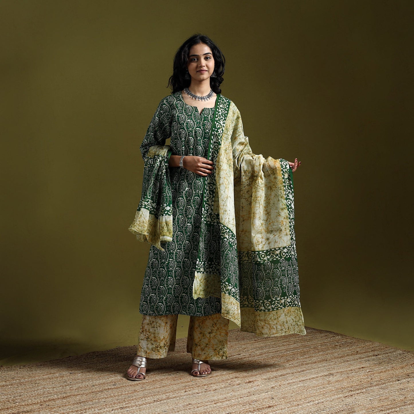 Hand block batik print cotton suit set with dupatta