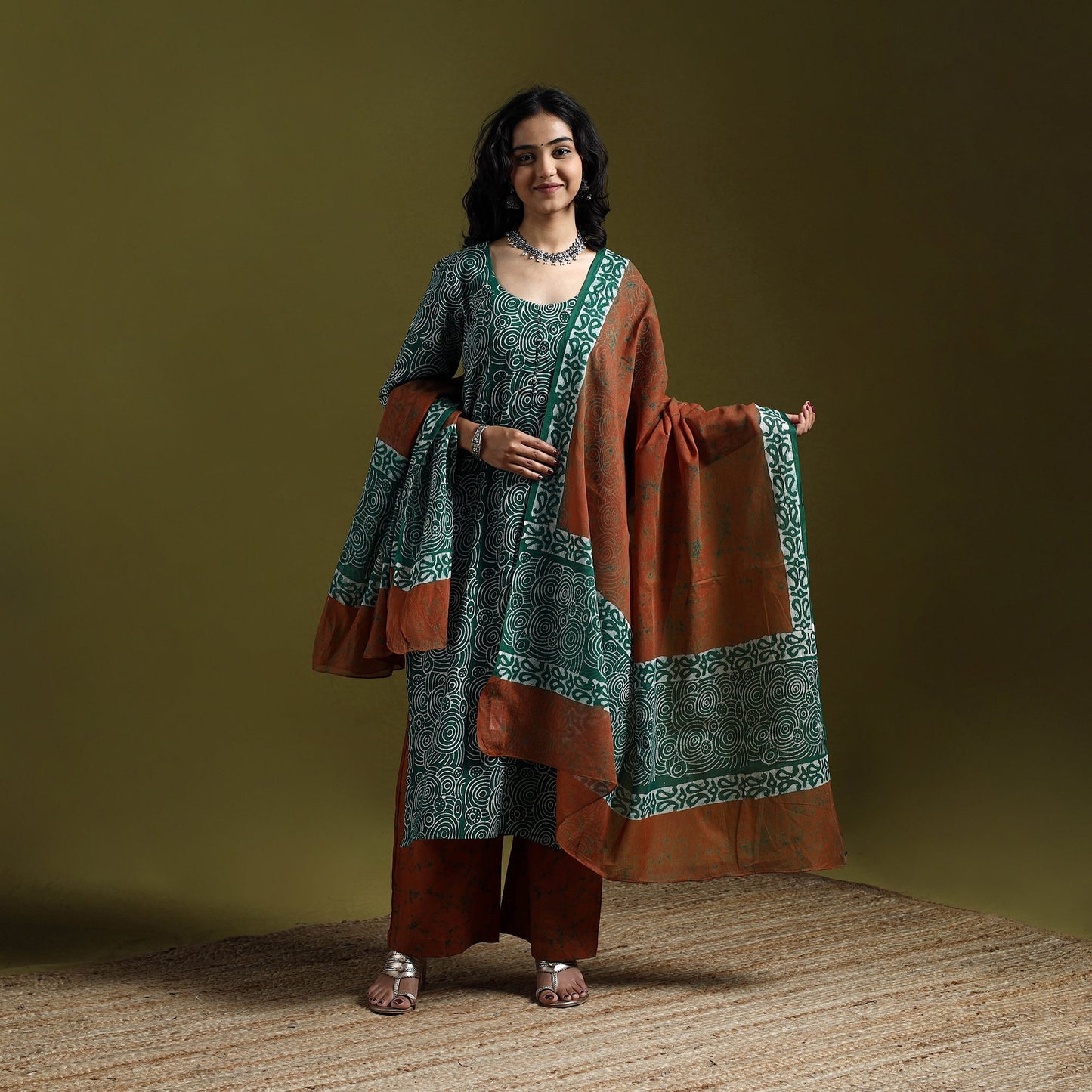 Hand block batik print cotton suit set with dupatta