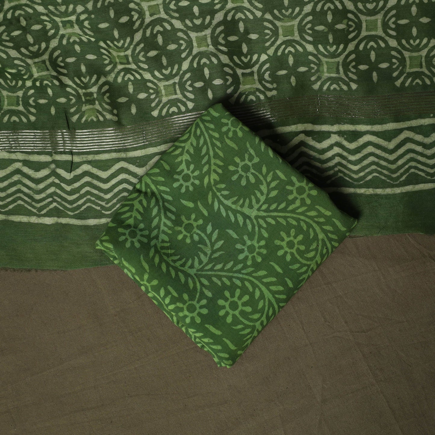 Hand block batik print maheshwari silk 3pc unstitched dress