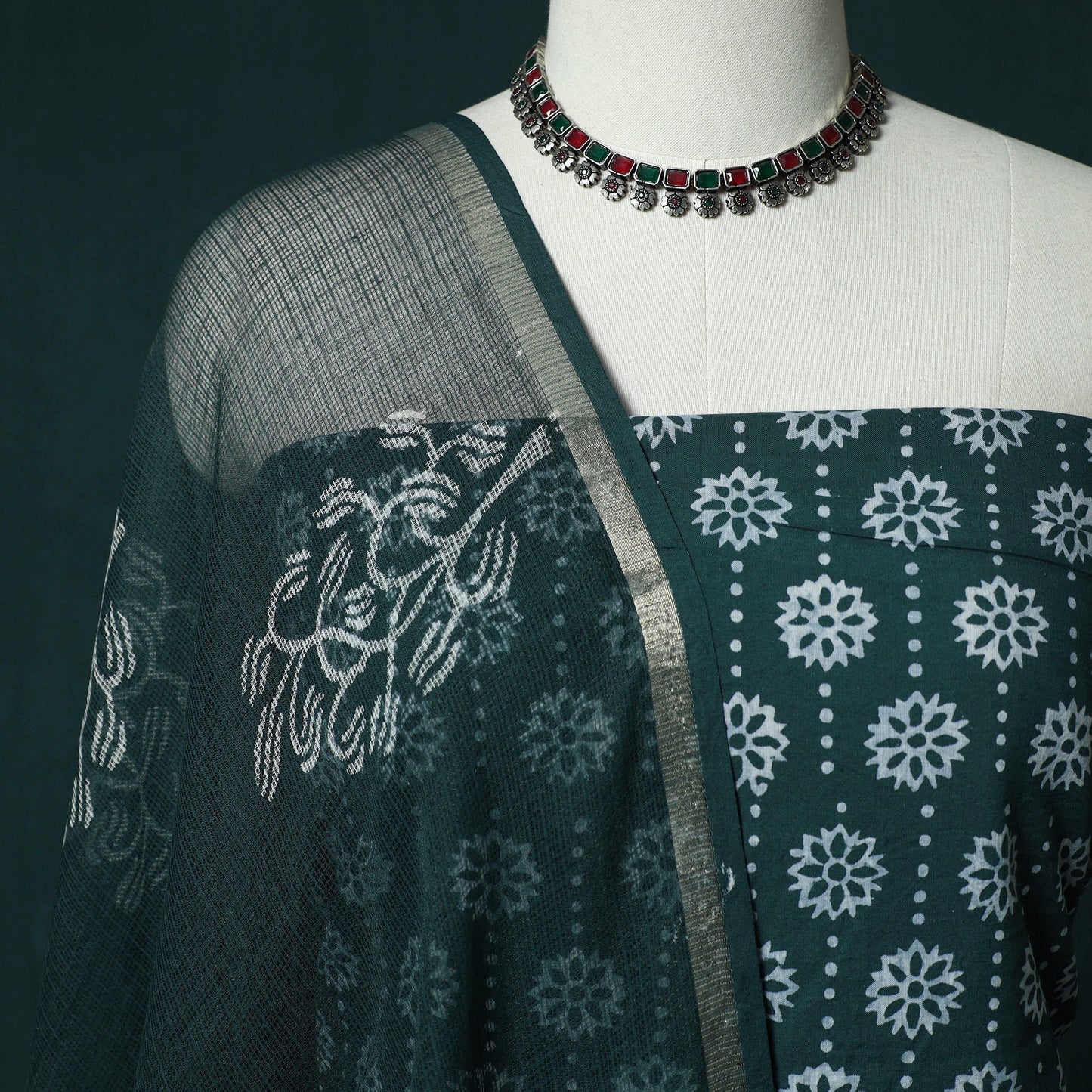 Hand block jaipur print cotton 3pc unstitched dress