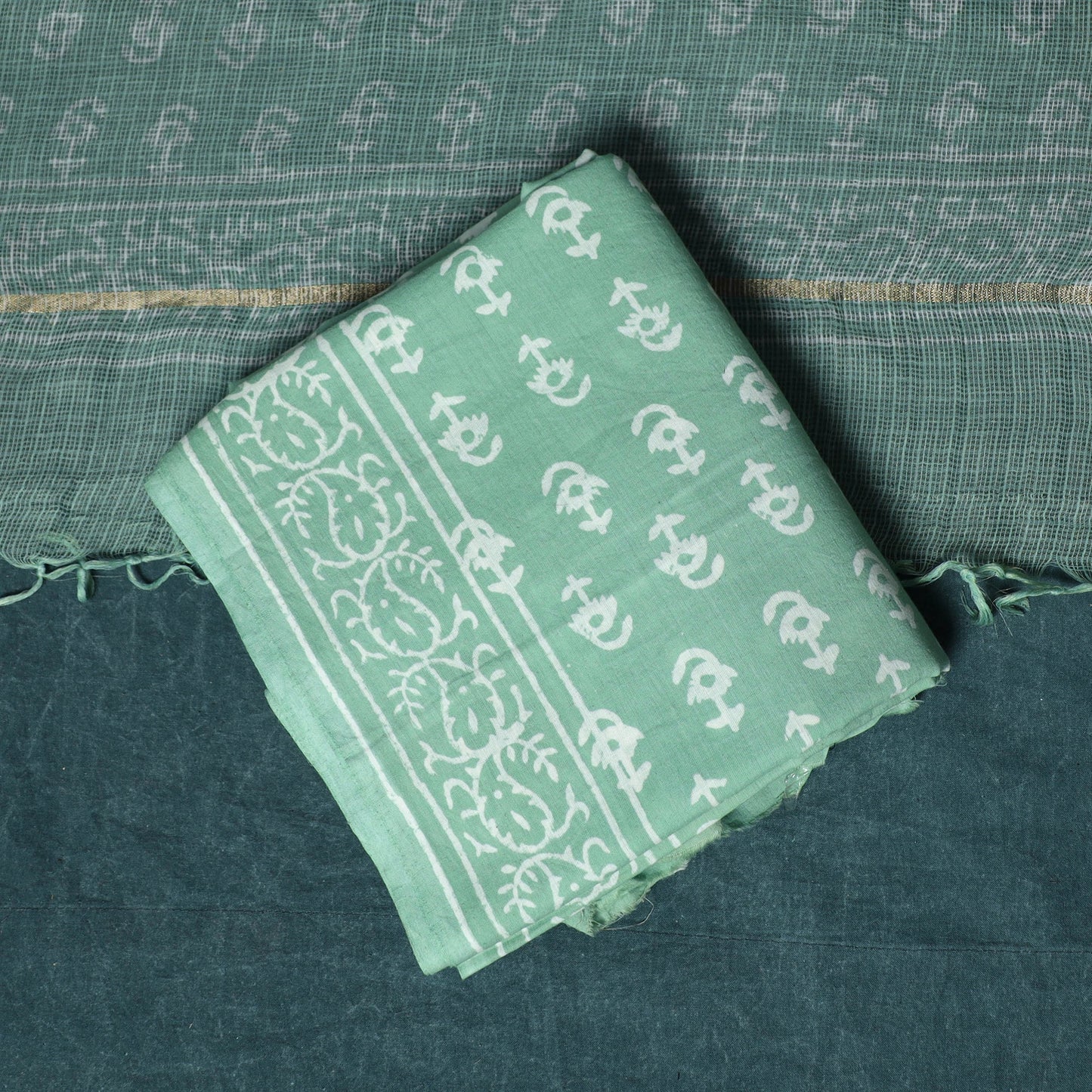 Hand block jaipur print cotton 3pc unstitched dress