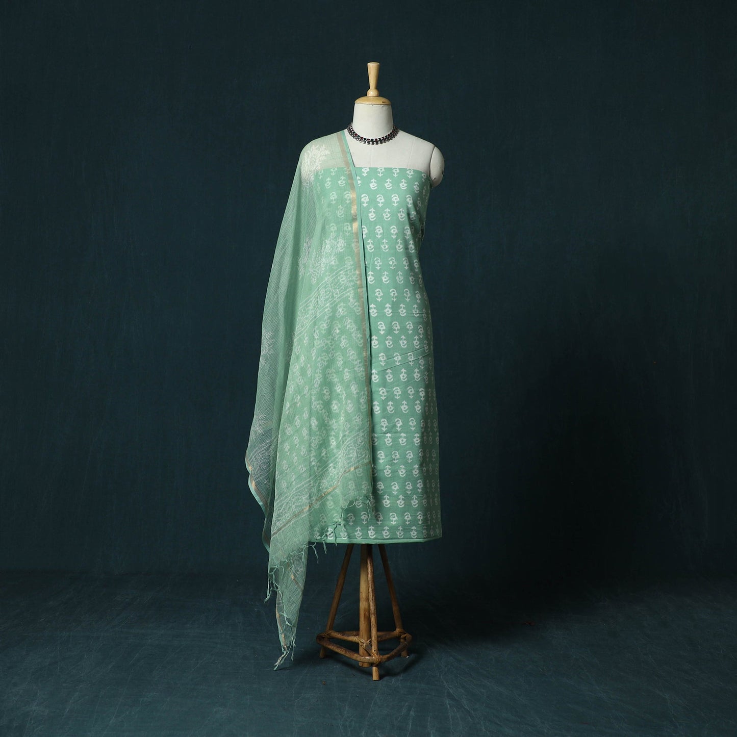 Hand block jaipur print cotton 3pc unstitched dress