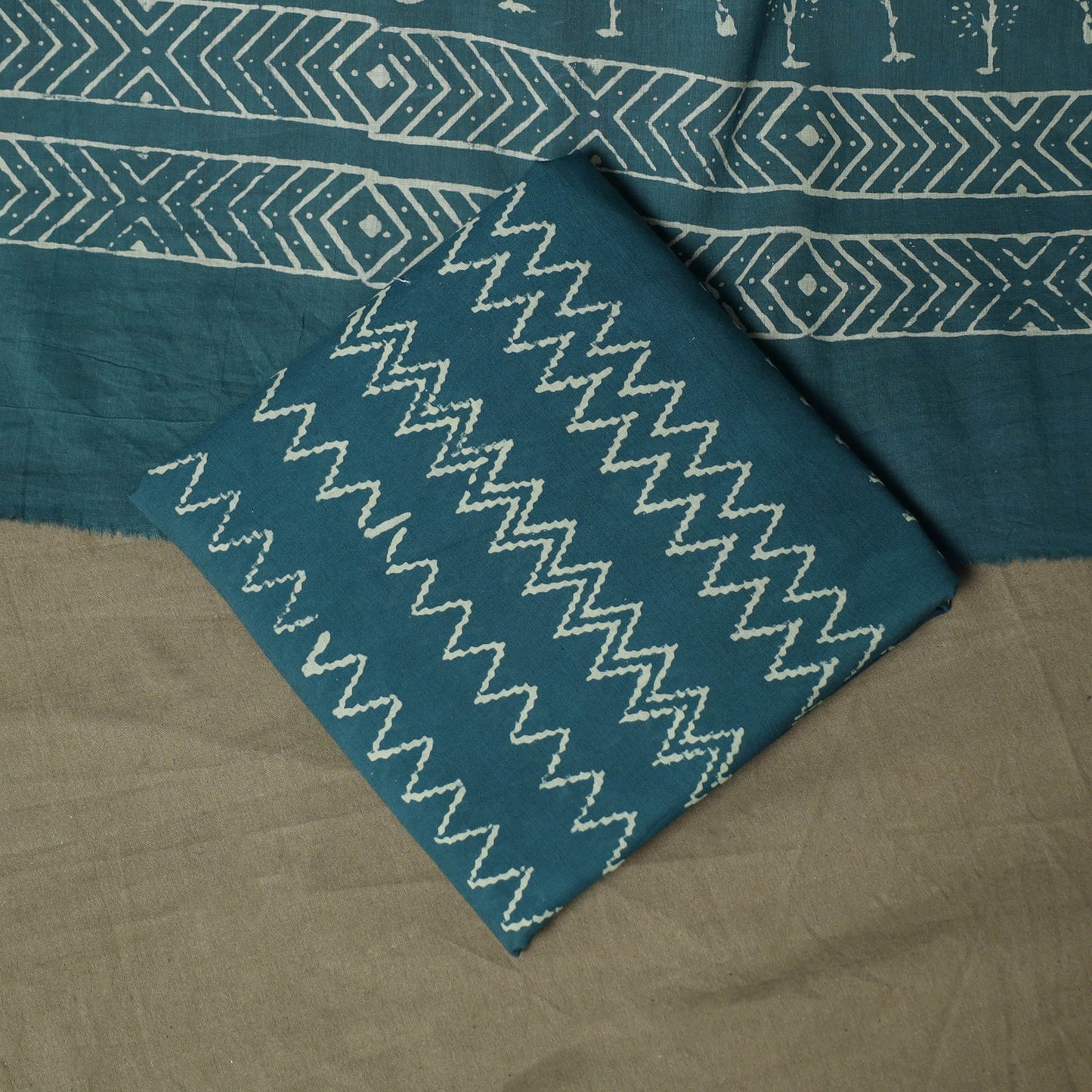 Hand block jaipur print cotton 3pc unstitched dress