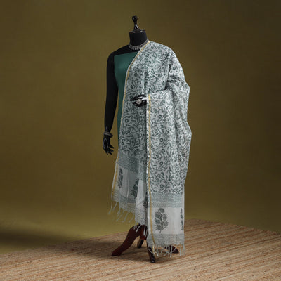 Hand chanderi silk sanganeri floral dupatta 59 - handcrafted