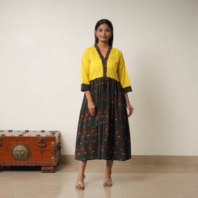 Green - Hand Block Print Cotton Flared Gher Ajrakh Dress 02