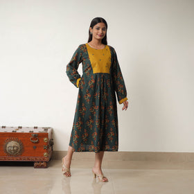 Buy Green Hand Block Print Cotton Flared Gher Ajrakh Dress