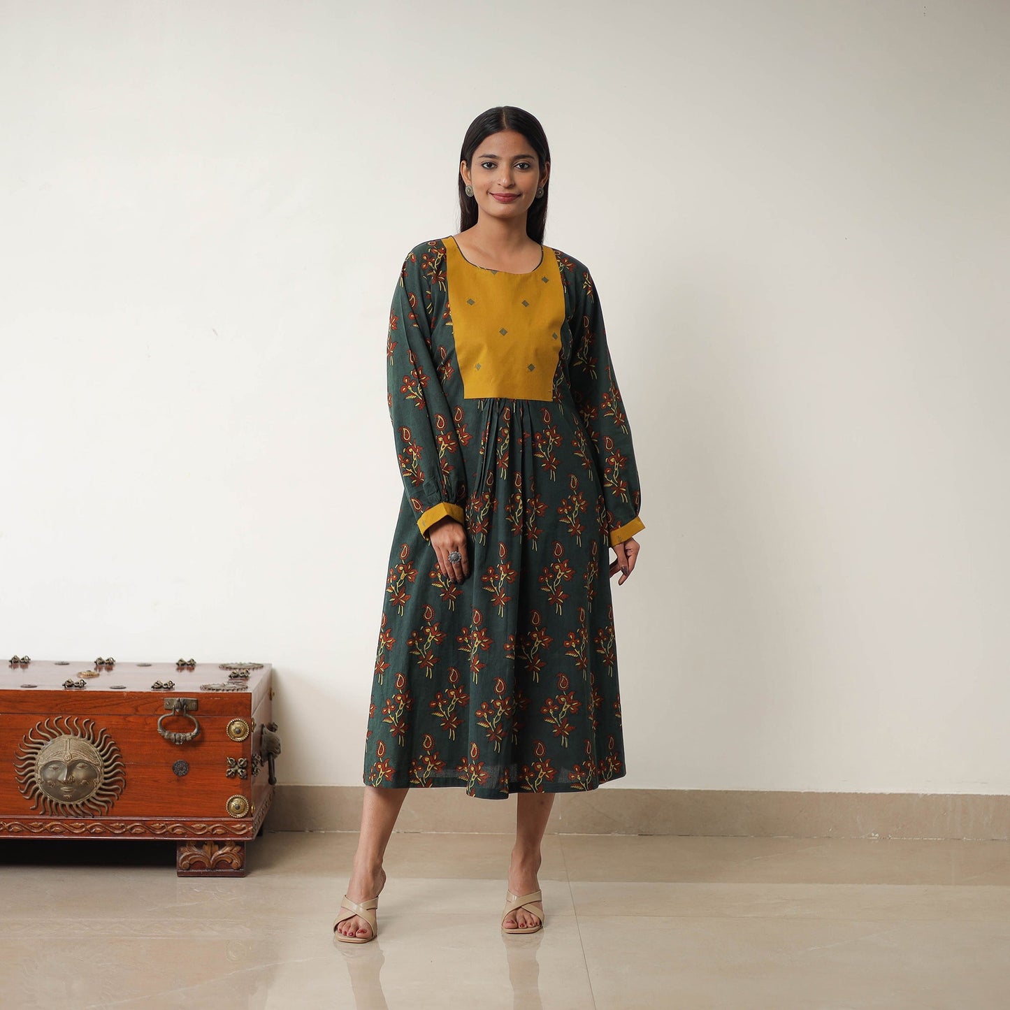 Buy Green Hand Block Print Cotton Flared Gher Ajrakh Dress