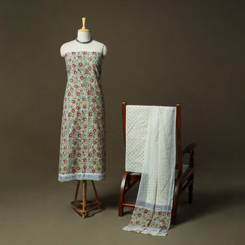 Hand block print cotton sanganeri 3pc unstitched dress
