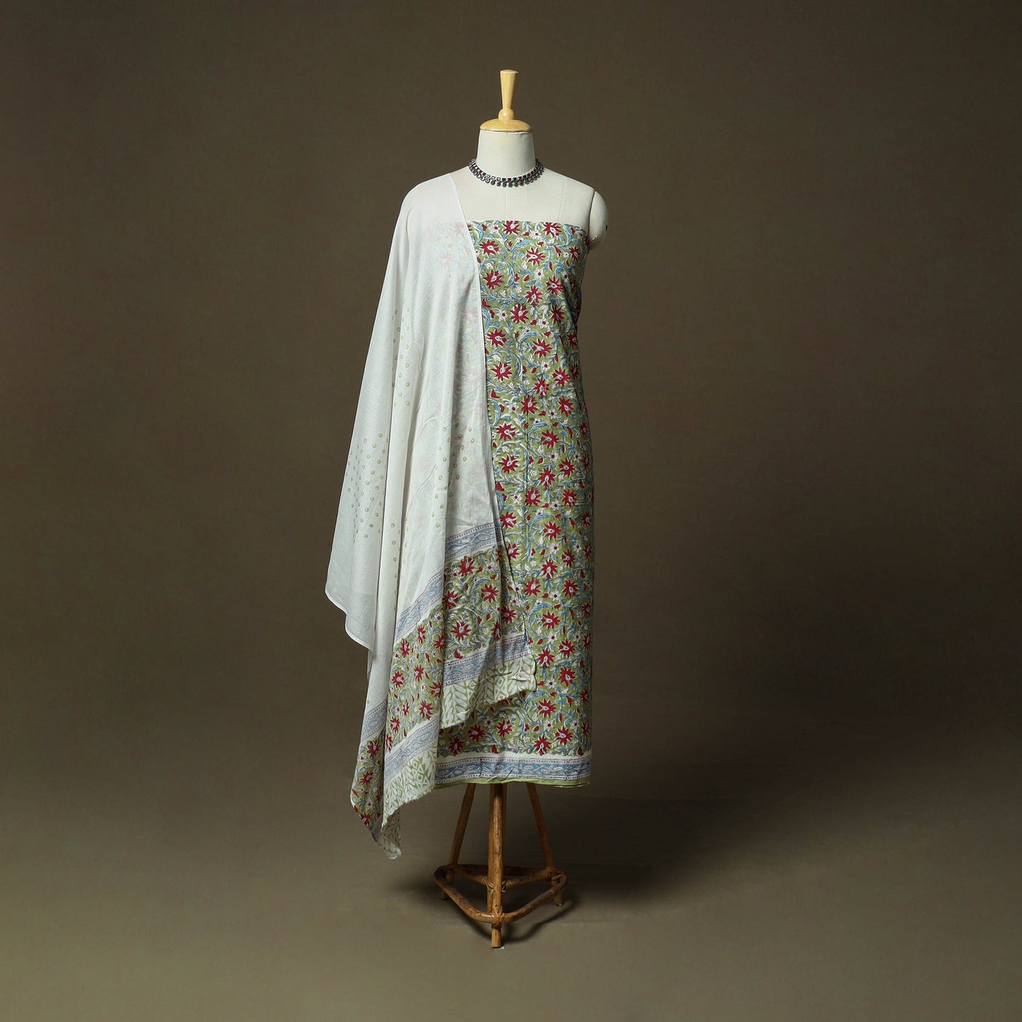 Hand block print cotton sanganeri 3pc unstitched dress