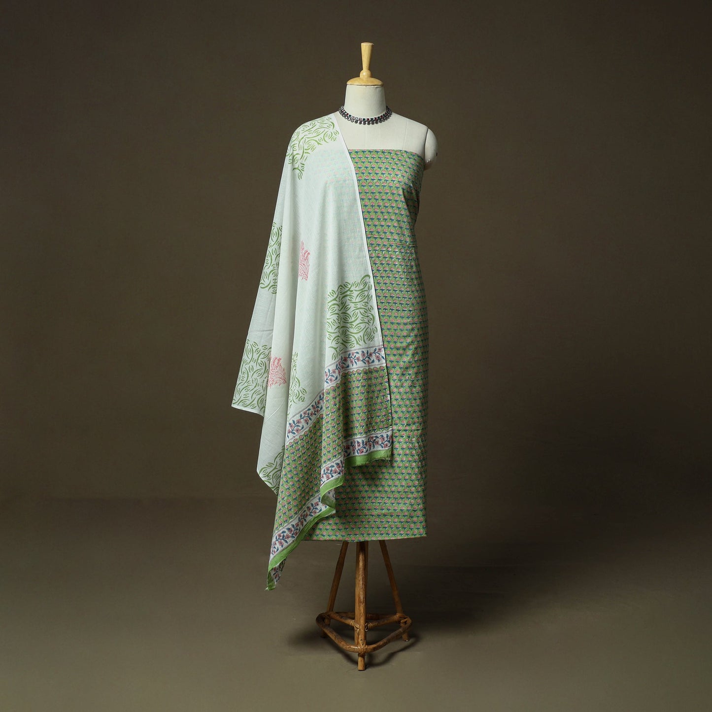 Hand block print cotton sanganeri 3pc unstitched dress