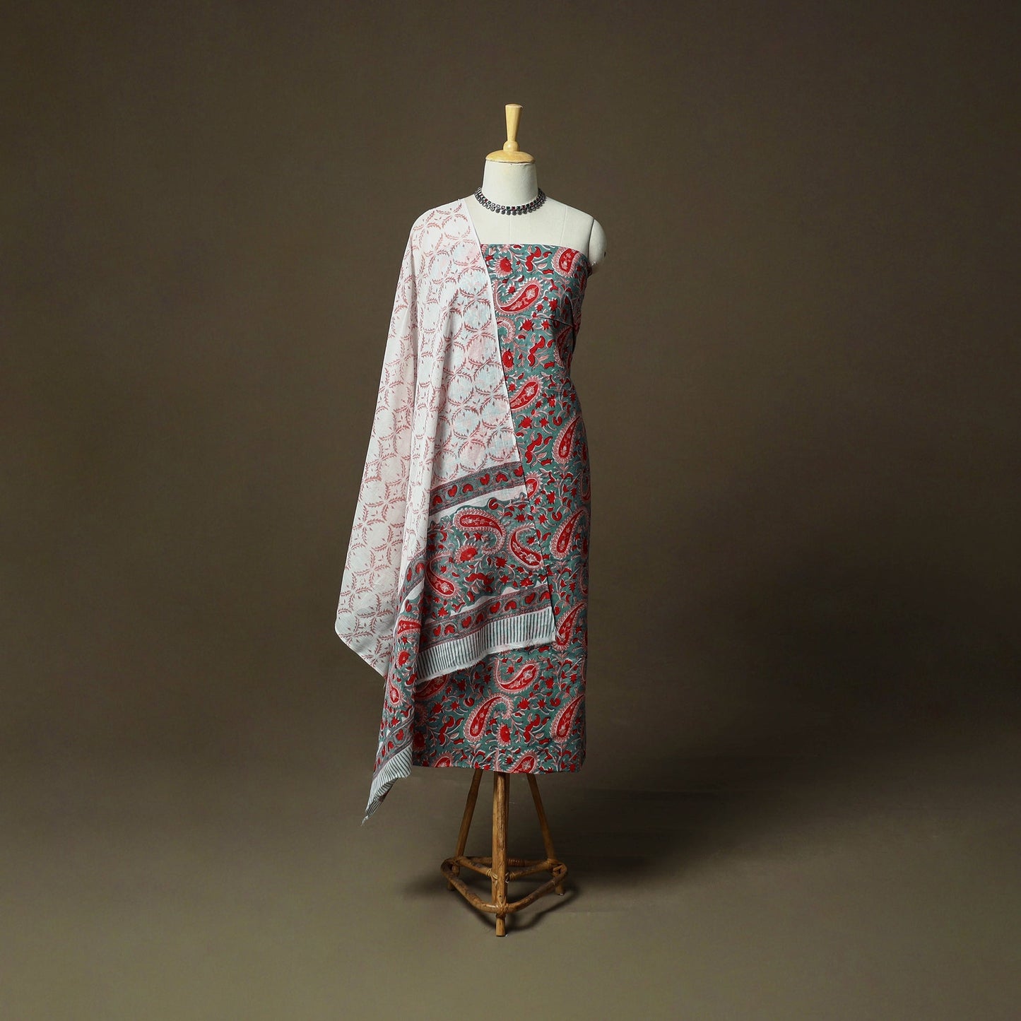 Hand block print cotton sanganeri 3pc unstitched dress