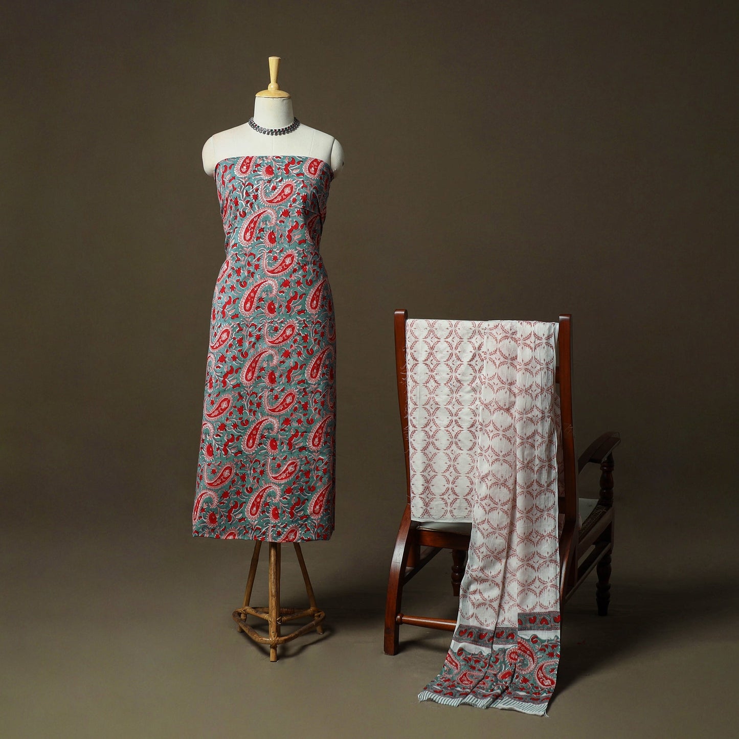 Hand block print cotton sanganeri 3pc unstitched dress