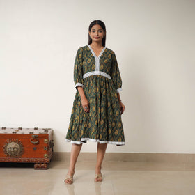 Buy Green Hand Block Print Cotton Tiered Ajrakh Dress