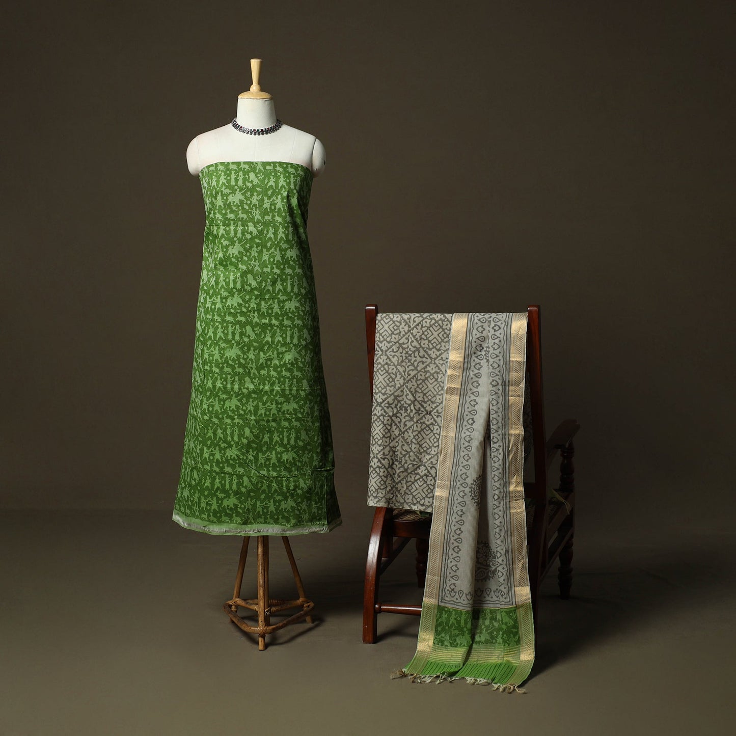 Hand block print mangalagiri cotton 3pc unstitched dress