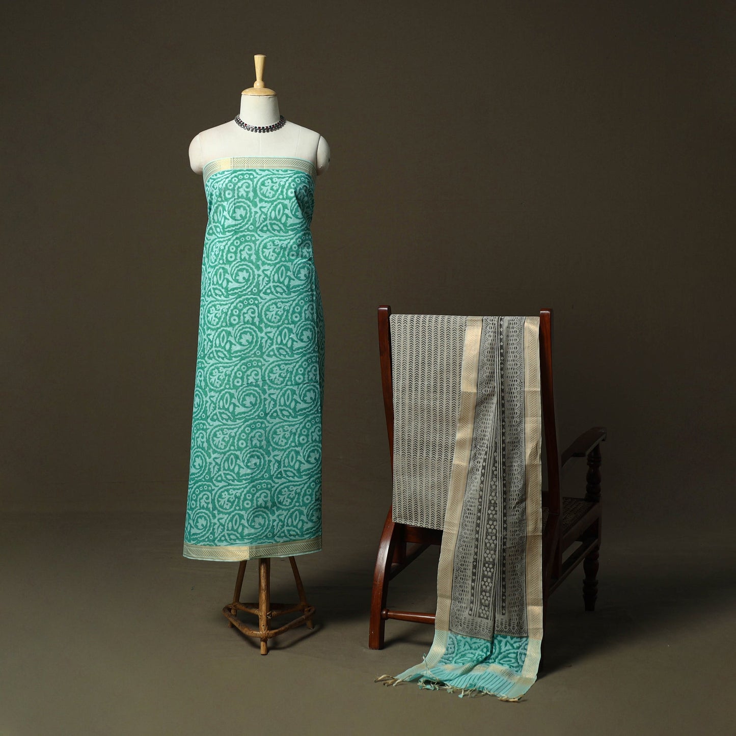 Hand block print mangalagiri cotton 3pc unstitched dress