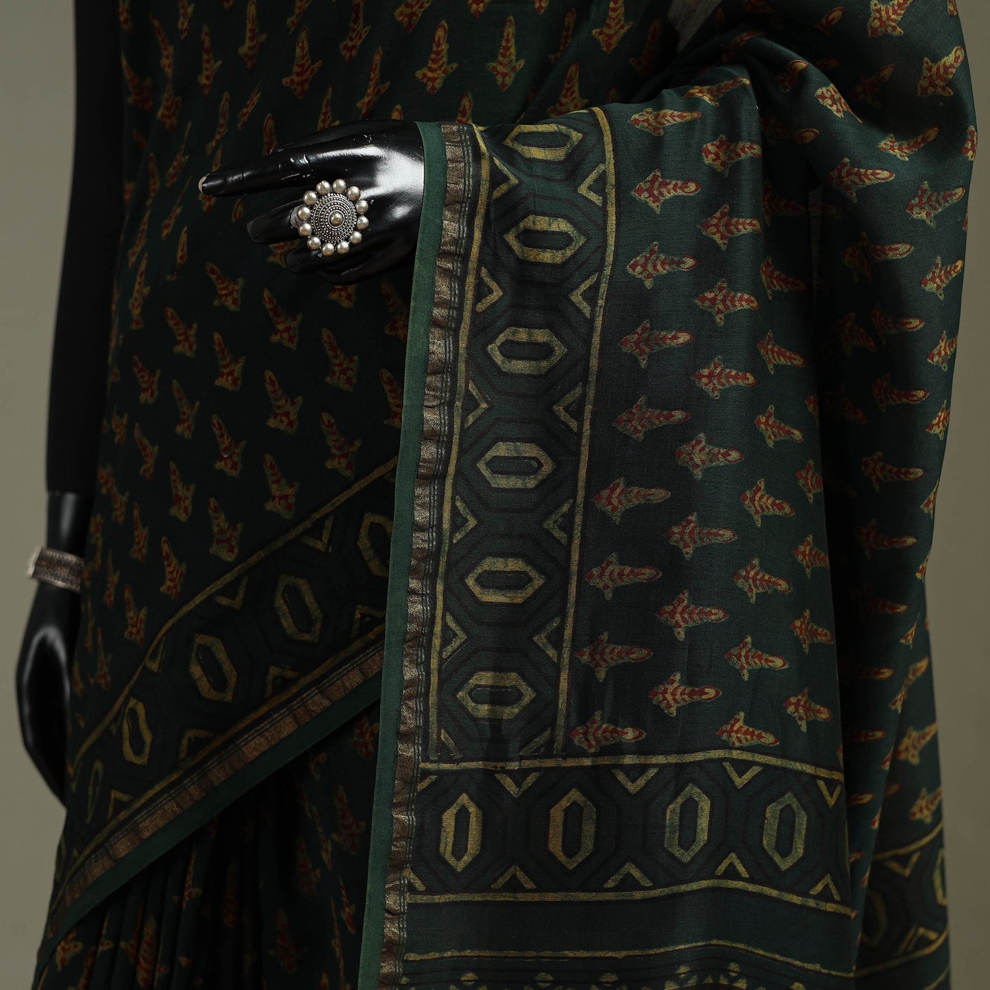 Hand block print natural dyed chanderi silk akola saree 24