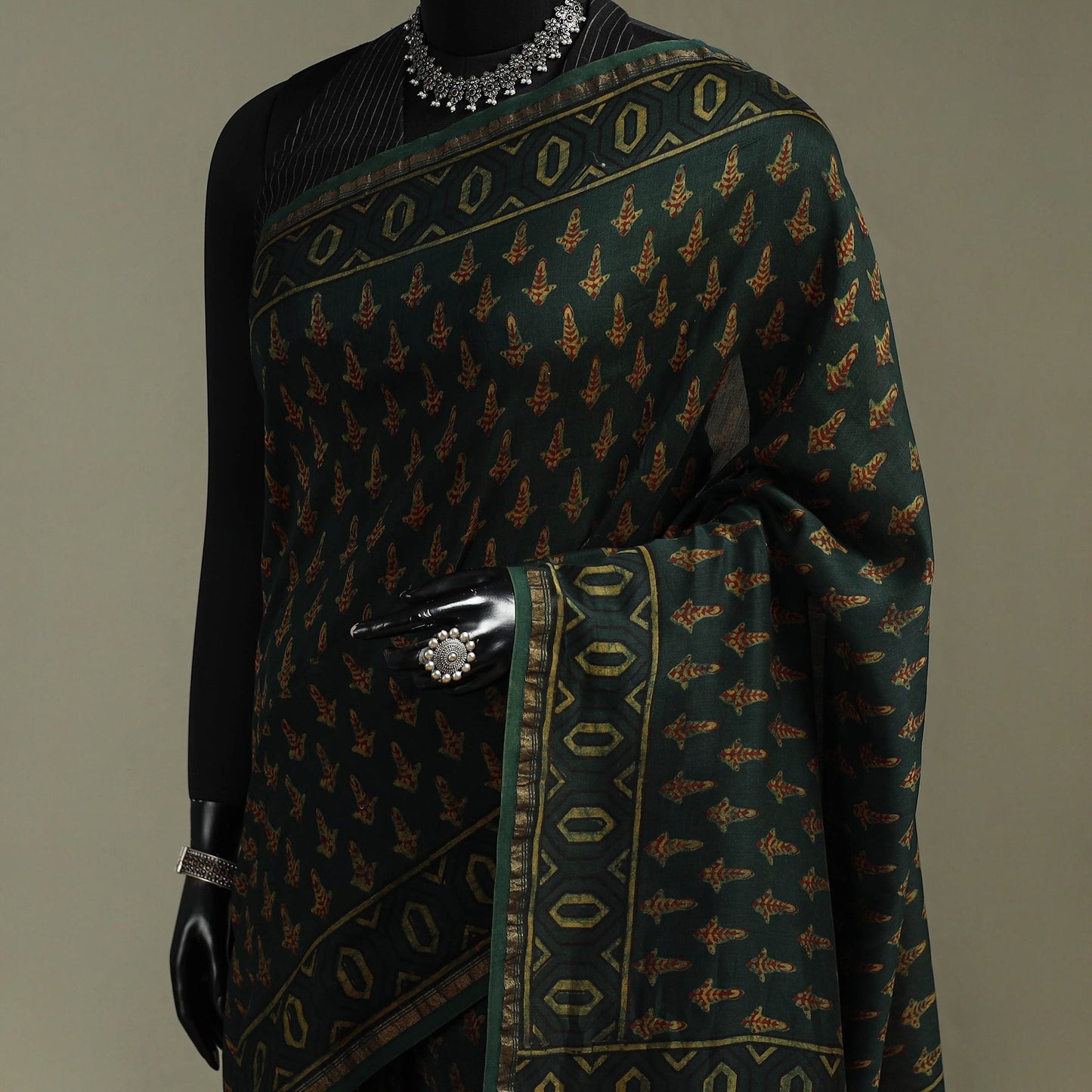Hand block print natural dyed chanderi silk akola saree 24