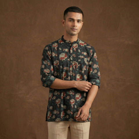 Hand block print natural dyed cotton short dabu bagru kurta