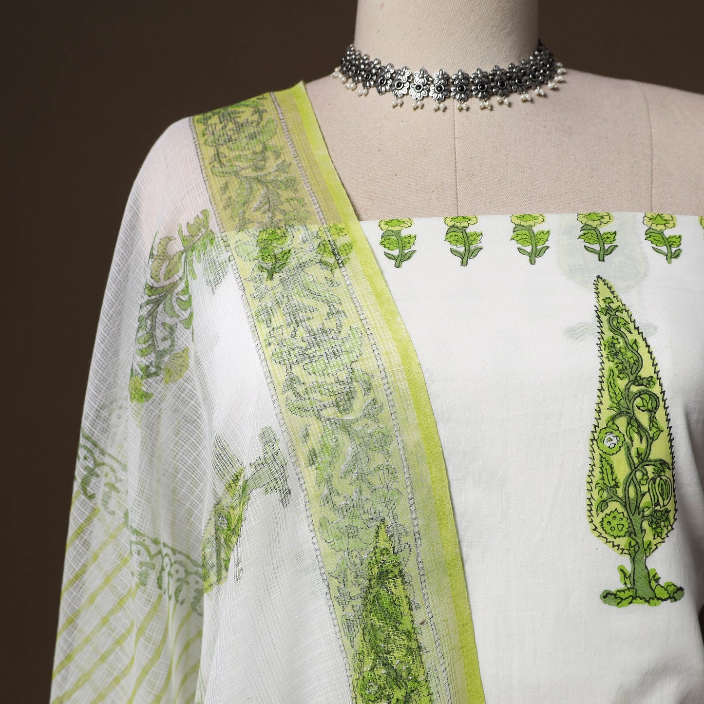 Hand block print sanganeri cotton 3pc unstitched dress