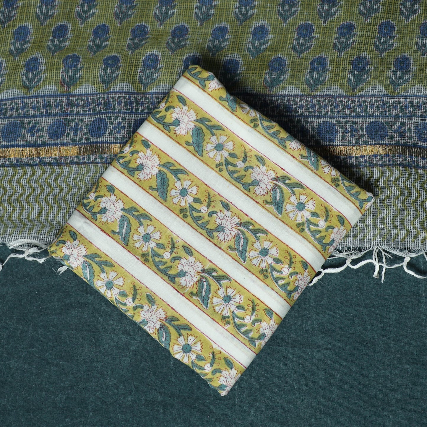 Hand block print sanganeri cotton 3pc unstitched dress