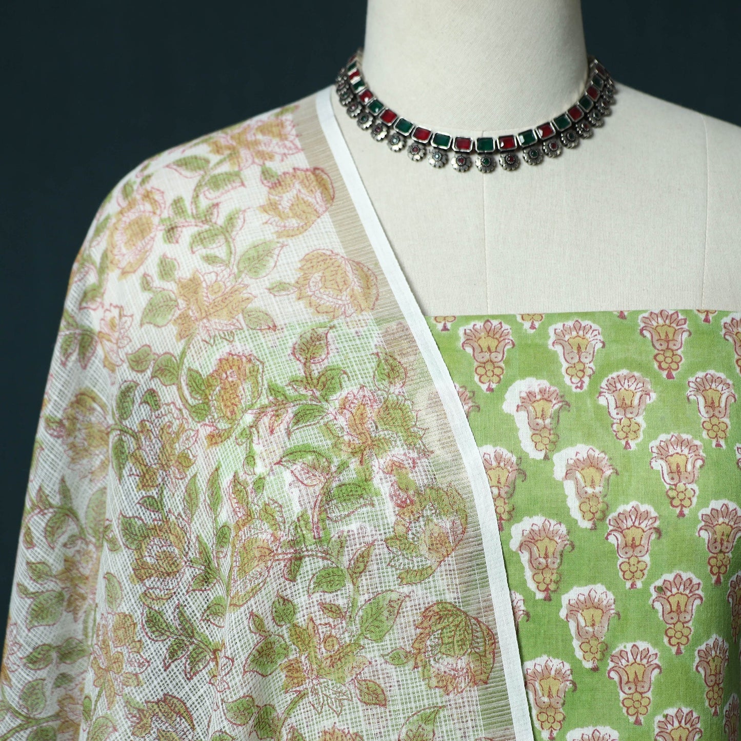 Hand block print sanganeri cotton 3pc unstitched dress