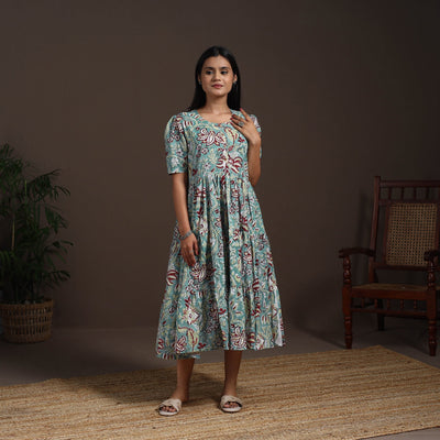 Green - hand tiered sanganeri dress 05 - handcrafted