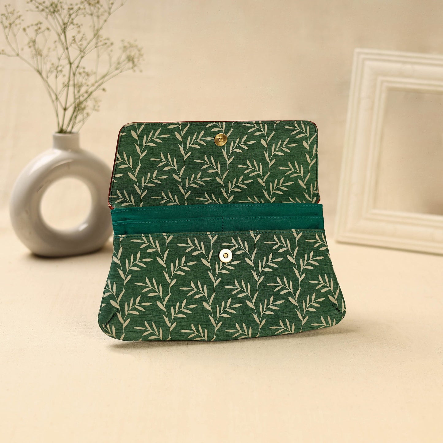 Green Hand Print Clutch with Embossed Leather Flap
