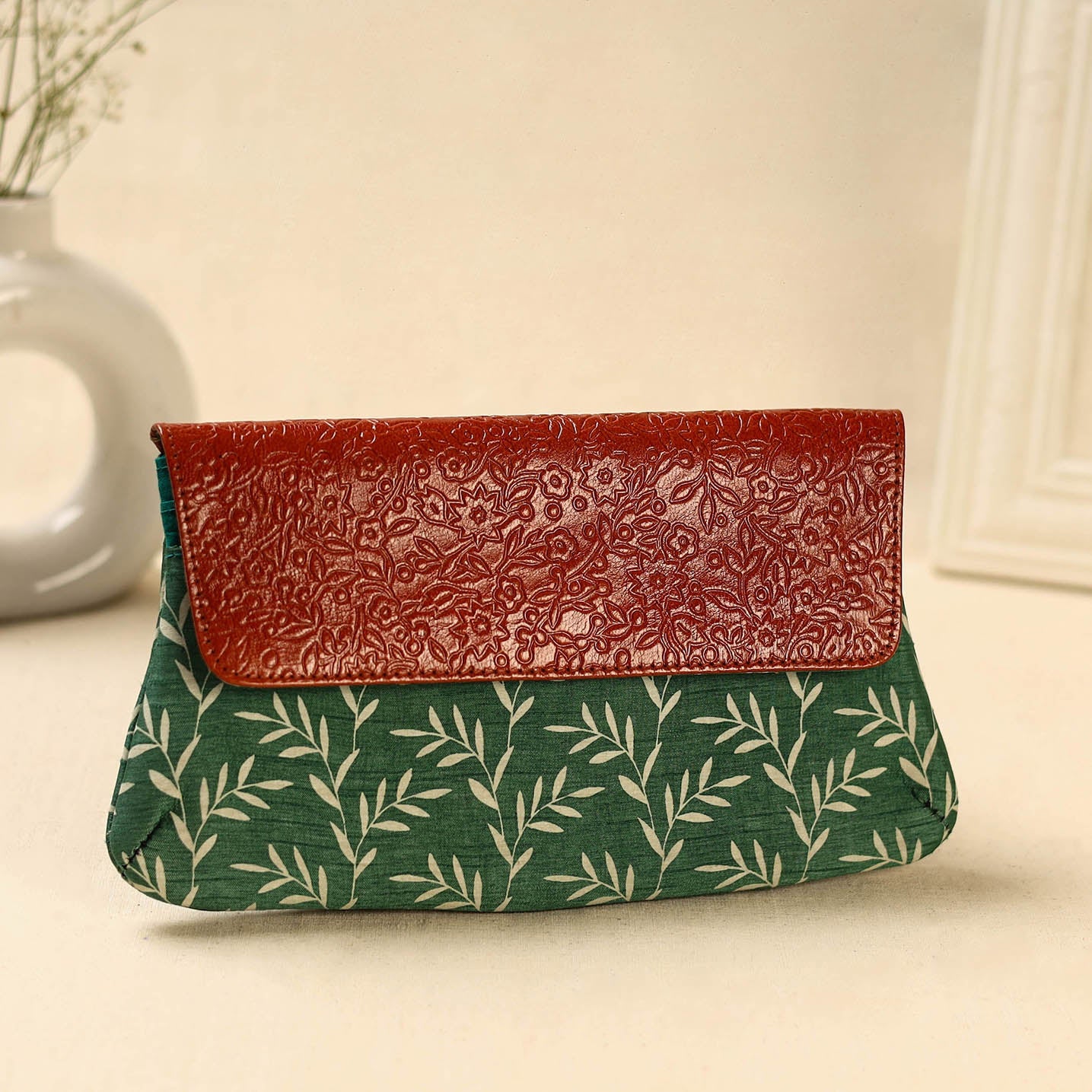 Green Hand Print Clutch with Embossed Leather Flap