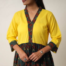 Green - Hand Block Print Cotton Flared Gher Ajrakh Dress 02