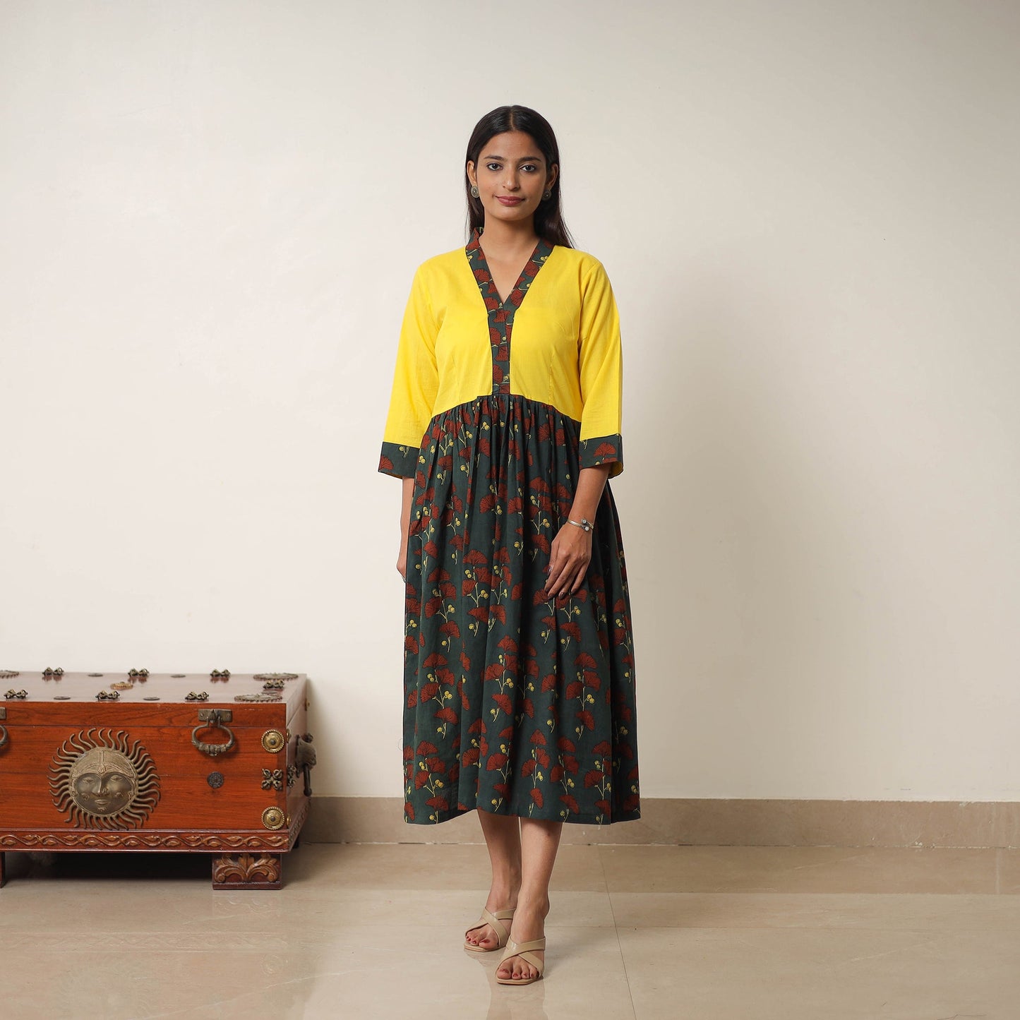 Green - Hand Block Print Cotton Flared Gher Ajrakh Dress 02