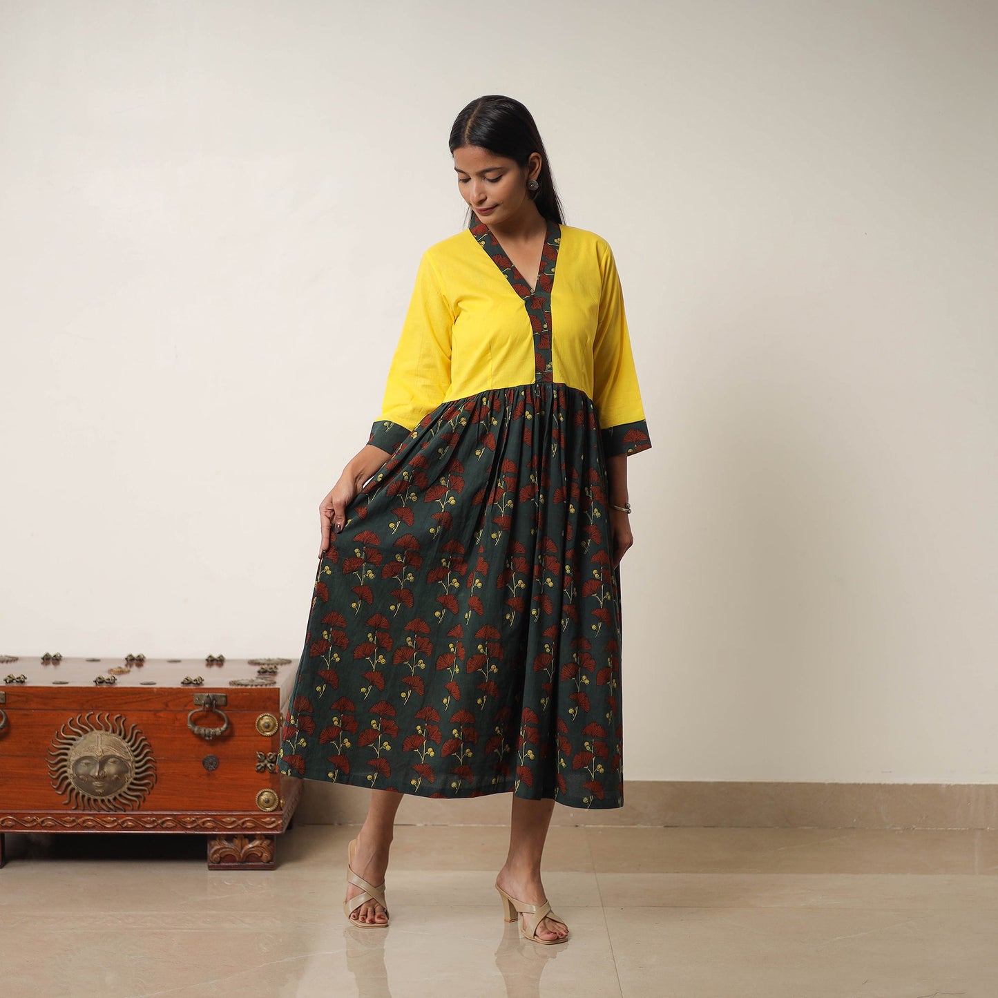 Green - Hand Block Print Cotton Flared Gher Ajrakh Dress 02