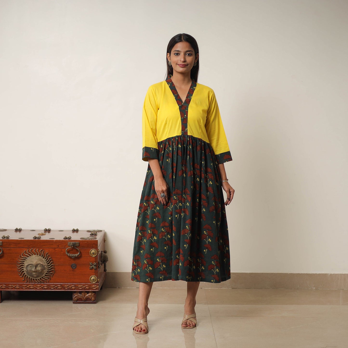 Green - Hand Block Print Cotton Flared Gher Ajrakh Dress 02