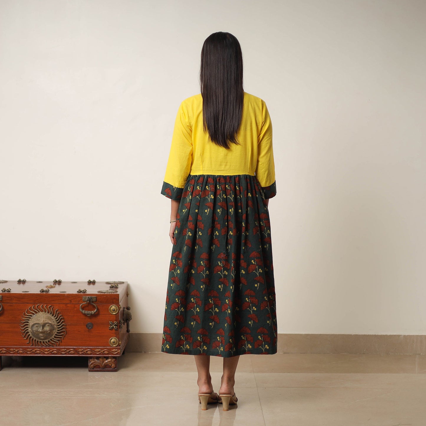 Green - Hand Block Print Cotton Flared Gher Ajrakh Dress 02