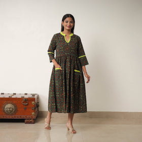 Green Hand Block Print Cotton Flared Gher Ajrakh Dress