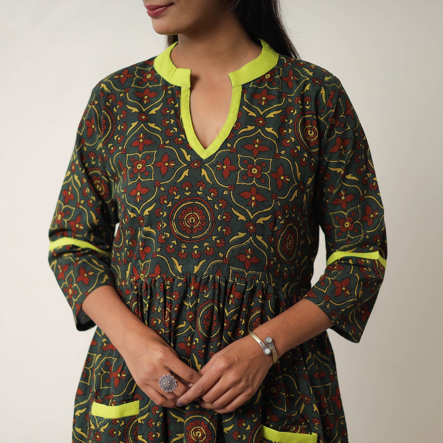  Green Hand Block Print Cotton Flared Gher Ajrakh Dress