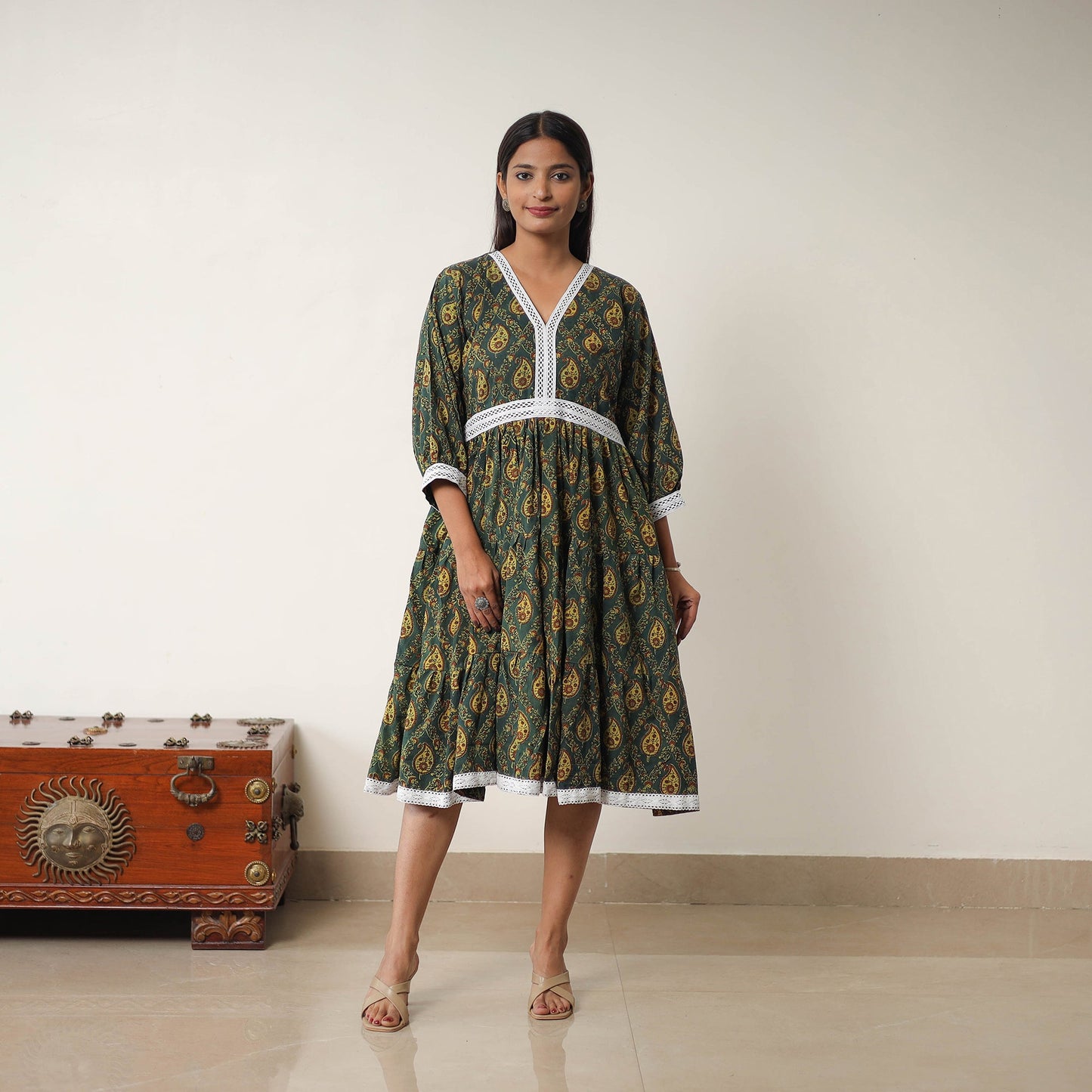 Buy Green Hand Block Print Cotton Tiered Ajrakh Dress