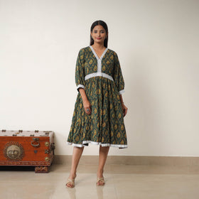 Buy Green Hand Block Print Cotton Tiered Ajrakh Dress