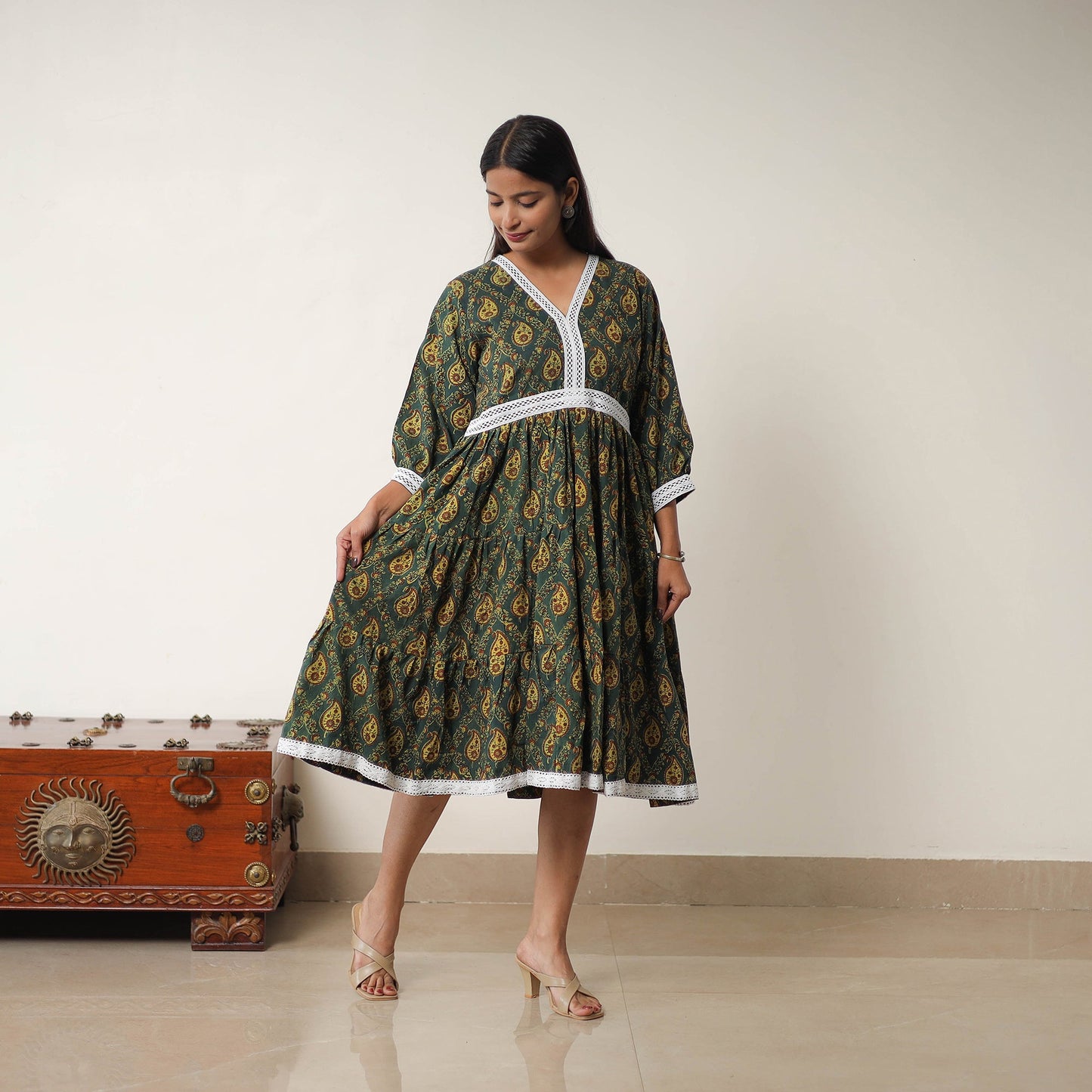 Buy Green Hand Block Print Cotton Tiered Ajrakh Dress