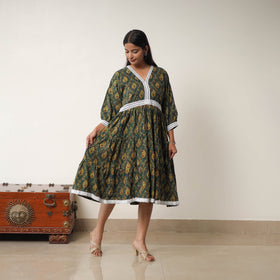 Buy Green Hand Block Print Cotton Tiered Ajrakh Dress
